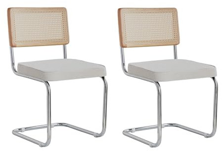 DEYARNA HOME Lot de 2 Chaises de Salle à Manger, Chaises de Cuisine Modernes du Milieu du Siècle avec Dossier en Canne, Chaises Tapissées avec Pieds en Métal Chromé (Blanc, Polaire Granuleux)
