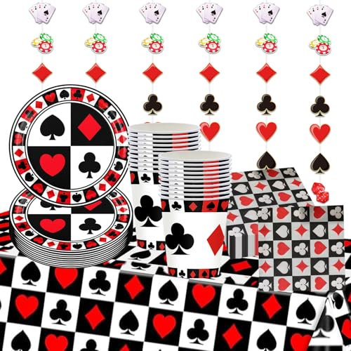 67 Stück Poker Geburtstagsdekorationen - Poker Teller, Servietten, Tassen, Tischdecken und Hängende Dekorationen für 20 Gäste Poker Casino Night Party Zubehör