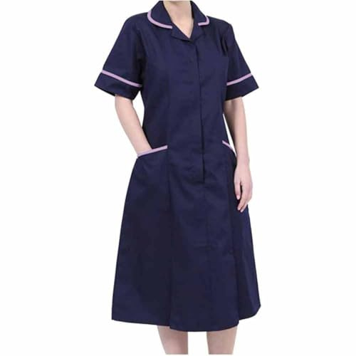 Frauenkleid, Tunika, Krankenschwestern, Uniform, medizinische Zahntherapeutin, Kleid, erhältlich in Marineblau, Königsblau, Himmelblau, Weiß, Größen: 6–30, Marineblau/Flieder (regulär), 38