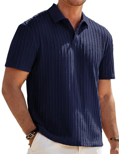 JMIERR Mens Polo Shirt Short Sleeve Casual Beach Blue Button Up Stretchy Vacation Knit Shirt Texture, M