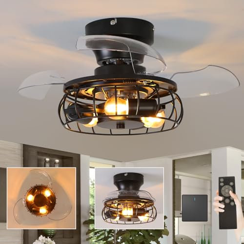 Retro Industrial Ceiling Fan Chandelier with Lights and Remote Control 20in Cage Design Reversible 6 Speed Silent Motor Bohemian Style for Farmhouse Bedroom Iron Art Finish