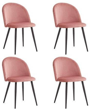 DEYARNA HOME Lot de 4 Chaises de Salle à Manger en Velours, Scandinave Chaises de Cuisine Rembourrées avec Pieds en Métal Noirs (Rose/Pieds Noirs)