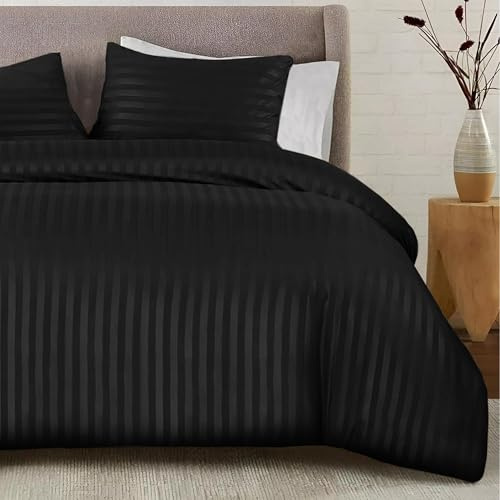 SSW HOMES Black Super King Duvet Cover Set - Soft Easy Care Brushed Microfiber Satin Stripe Bedding Set - Hotel Quality Hypoallergenic Shrinkage and Fade Resistant Cover With 2 Striped Pillowcases