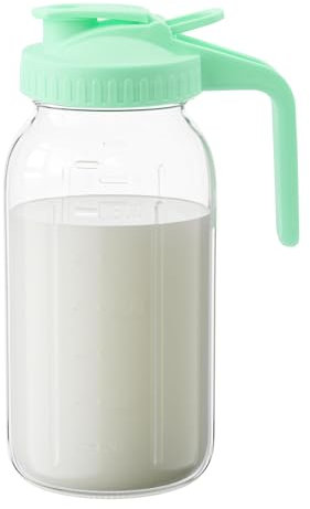 32oz Glass Pitcher with Lid &Pour Spout - 1 Quart Breastmilk Pitcher Double Leak Proof, Creamer Container for Sun Tea, Juice, Cold Brew Coffee, Breastmilk Storage Container -Green Lid