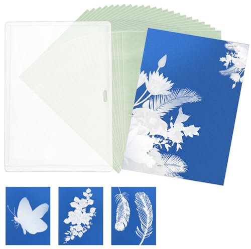 24 Blatt Sonnendruckpapier-Set, 14,8x10,5cm Cyanotypie-Papier mit Transparentem Ordner Hochempfindlich Natur Sonnendruckpapier für Kinder Erwachsene Kunsthandwerk DIY-Projekt