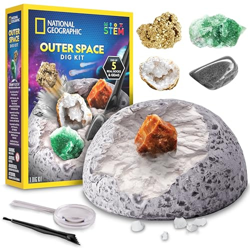 National Geographic Weltraum-Grabset – Ausgraben von 5 echten Felsen und Edelstein-Exemplaren, inklusive Grabstein, Ausgrabungswerkzeuge, Lupe und Lernanleitung, lustige STEM-Aktivität für Kinder