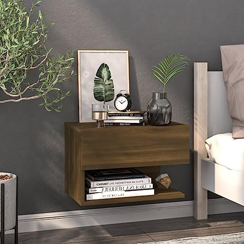 SDWEHO7 Wandregal mit Schublade, Nachtregal für Mobiltelefon, Nachttisch hängende, Kleiner Nachtschrank zur Wandmontage, Braun Eichen-Optik 46 x 29,5 x 30 cm Holzwerkstoff