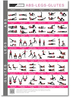 CLEAN SPORTS® Bauch Beine Po Trainingsposter – 36 Übungen & 12 Trainingspläne für dein Home-Workout – inkl. QR-Videoanleitungen – Motivation & Hometraining ohne Geräte in DIN A1