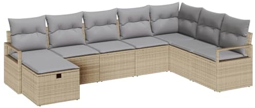 vidaXL 4-teiliges modulares Gartensofa-Set mit Kissen in Beige aus Poly Rattan | Modernes, wetterfestes Ecksofa für den Essbereich mit rechteckigem Tisch und geflochtenem Stuhl