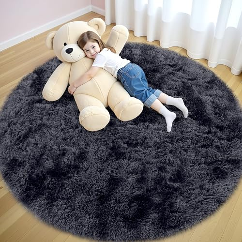 smiry Hochflor Teppich Wohnzimmer, 160cm Rund, Dunkelgrau | Waschbar Anti-Rutsch Moderner Flauschiger Kuscheliger Teppich für Wohnzimmer, Schlafzimmer, Kinderzimmer