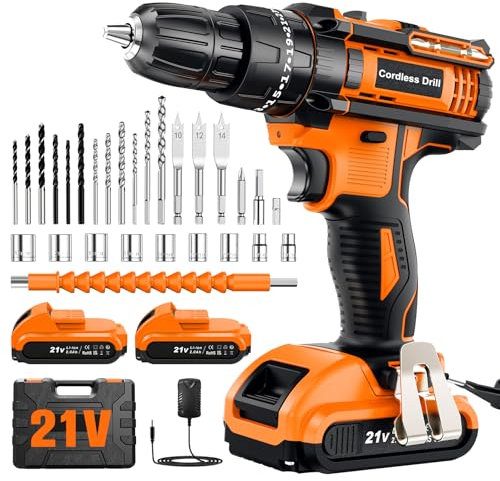 Trapano Avvitatore Batteria 21V, Avvitatore a Batteria con 2 Batterie da 2.0Ah, 42N.m di Coppia, 2 Velocità, 25+3 Coppia, 30 Accessori, Luce a LED, Per il fai da te, in Casa e Giardino