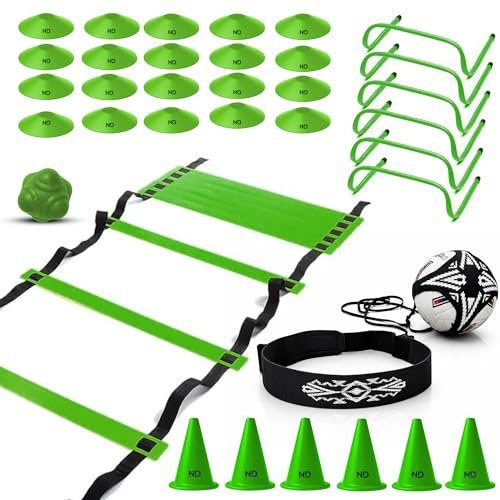 ND Sports Football Training Equipment – Agility Speed Ladder & Football Ladder Set, 4M Ladder with 10 Rungs, 6 Hurdles, 6 Cones, 20 Markers, Reaction Ball, Kick Trainer & Carry Bag