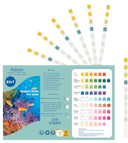 Adiwo 150 PCS 9-in-1 Aquarium Test Strips, Fish Tank Test Kit, Freshwater Saltwater Aquarium Pools Pond to Detect Total Hardness PH Alkalinity Carbonate Free Chlorine Iron Nitrate Nitrite Copper