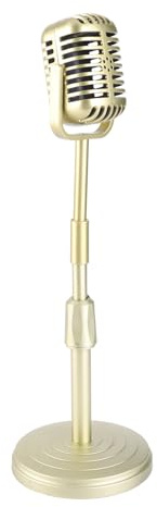 Topiky Vintage Microphone Prop Model, Retro Style Simulation Mic and Stand Set, Old Fashioned Microphone Decor with Stable Base for Photography Studio, Desktop Mic Stand Props (Gold)