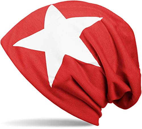 styleBREAKER Unisex Stoff Beanie Mütze mit Stern Print, Stretch Slouch Longbeanie 04024038, Farbe:Rot-Weiß