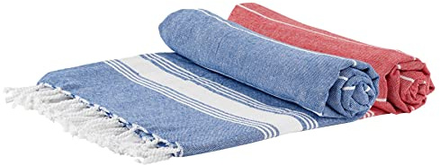 Nicola Spring Turkish Cotton Bath Towels - 170 x 90cm - Navy/Red - Pack of 2 - Lightweight & Absorbent Large Adults Drying Beach Towel Bathroom Gym Cloth Sauna Hammam Shower Sheet
