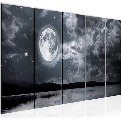 Runa Art Wandbild XXL Nachthimmel Mond Wohnzimmer Schlafzimmer 200 x 80 cm Schwarz Weiss 5 Teilig - Made in Germany - 607555b