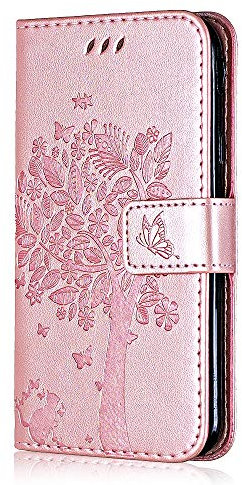 Conber Cover per iPhone SE/iPhone 5 / iPhone 5s, Custodia in Pelle PU con TPU Antiurto, Serie Gatto e Albero Flip Case Cover Custodia Portafoglio per iPhone SE/iPhone 5 / iPhone 5s - Oro rosa