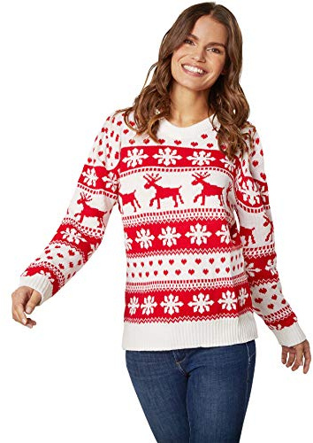 dressforfun 900826 Damen Weihnachtspullover, mit Eisblumen, Rentieren und Schneeflocken, rot weiß - Diverse Größen - (M | Nr. 303336)