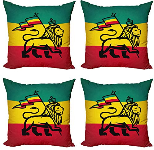 ABAKUHAUS Rasta Dekokissen Kissenbezug 4er Pack, Judah Lion Rastafari Flagge, Modern Accent Doppelseitiger Digitaldruck, 45 x 45 cm, Gelb Schwarz