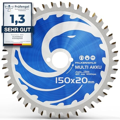 FALKENWALD ® AKKU Kreissägeblatt 150x20 - Inkl. 10 / 16mm Ring + Kompatibel mit Bosch PKS 18 LI, Makita DCS553Z - Ideal zum Sägen in Holz, Metall & Alu - Sägeblatt 150x20