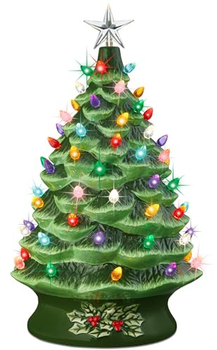 Best Choice Product 24in Extra Large Ceramic Christmas Tree, Pre-Lit Hand-Painted Tabletop XL Indoor Holiday Tree, 74 Multicolor Bulbs, LED Lights - Green
