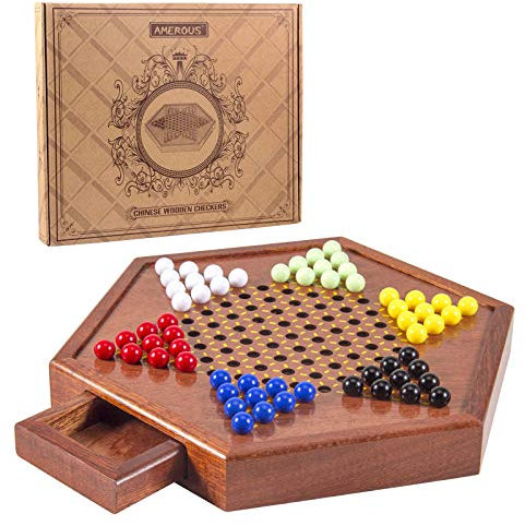 AMEROUS Ensemble de damiers chinois en bois de 31,8 cm avec tiroir de rangement – 60 billes en acrylique en 6 couleurs – 12 billes de rechange en bonus, jeu de société familial de stratégie classique