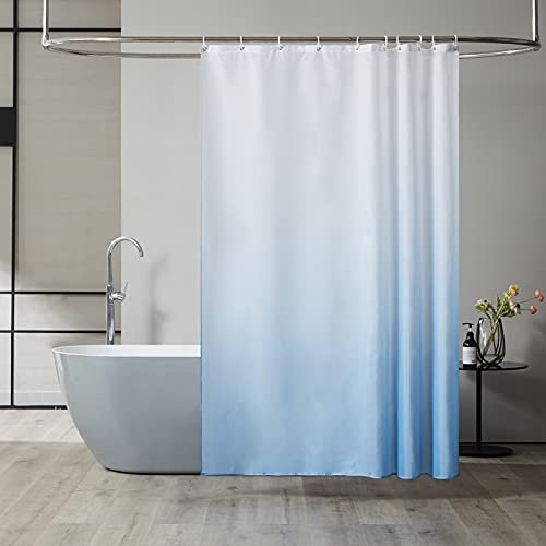 Furlinic Duschvorhang Textil Anti-schimmel Wasserdicht Waschbar Badvorhang aus Polyester Stoff Weiß nach Hellblau 150x180cm mit 10 Duschvorhangringen.