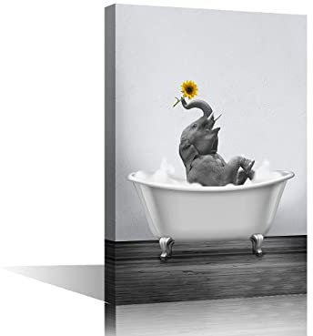 Black and White Canvas Wall Art Funny Animal for Bathroom Kitchen Bedroom Elephant with Yellow Sunflower in Bathtub Giclee Print Picture Painting Stretched on Canvas Framed Artwork 12x18inch