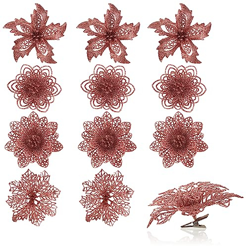 com-four® 12x Deko-Blume mit Clip, glitzernde Blüten zum Anklemmen | Blumenstecker als Raumdeko für Weihnachten und Valentinstag - [Auswahl variiert]