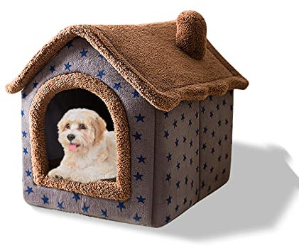 Galatée Katzenhöhlenbett, Waschbares Hundebett, Warmes Und Gemütliches Plüschkatzen-Iglu, Faltbares Komfortables Haustier-Katzenhaus, Haustierbett Mit Rutschfestem Boden(M, Braune Sterne)