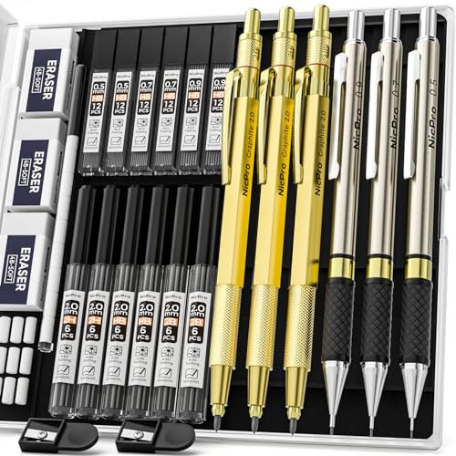 Nicpro 6 Métal Porte-Mines 0,5, 0,7, 0,9 et 2mm (2B HB 2H), Art Crayon Mécanique Criterium avec Mines, Gommes, Taille Crayon, Trousse pour Dessin, Esquisse, illustration, Architecture et écriture