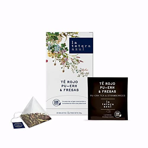 LA TETERA AZUL Te Rojo Pu-Erh & Fresas. Cóctel de infusión de Té Rojo Pu-Erh de altísima calidad con Té verde, Aroma, Fresa, Hibisco y Kiwi. Estuche con 20 Pirámides Envueltas Individualmente.