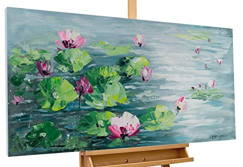 KunstLoft Leinwandbild | 100% HANDGEMALT | 120x60cm | Gemälde 'Monet's Impressions' | Blüten | Blau Grün | Wandbild Wohnzimmer
