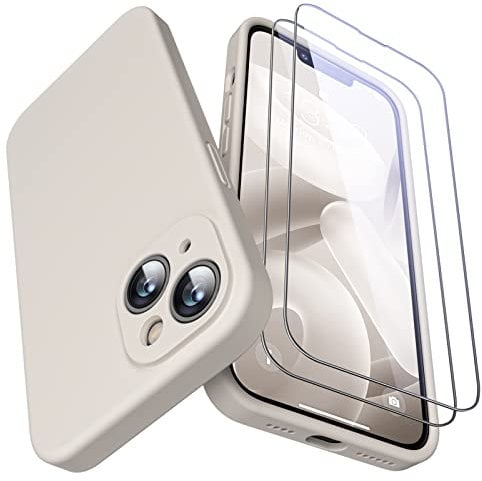 GOODVISH 3 in 1 Designed for iPhone 14 Plus (6.7) Liquid Silicone Case 2022, with 2 Pack Screen Protector, Shookproof, Anti-Scratch Gel Rubber Slim Phone Cover [360° Full Protection], Stone Grey