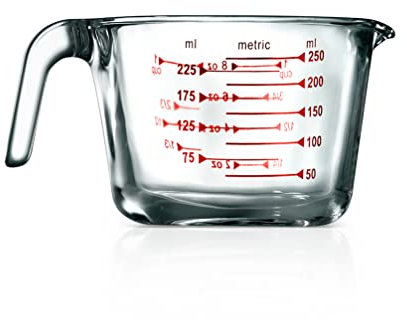 Misurino in vetro borosilicato alto con scala di decalcomanie personalizzata, Dosatore 250 ml, sicuro da usare in microonde e congelatore, lavabile in forno e lavastoviglie