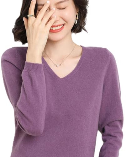 BEQUAH Maglione di lana Primavera E Autunno Maglione Di Cashmere Pullover Delle Donne Con Scollo A V Pullover Delle Donne Maglia Top Manica Lunga Delle Donne Maglione Di Cachemire-Viola,XL