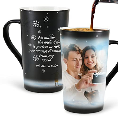MUGKISS Tasse à café personnalisée de 473 ml, tasses à changement de couleur, tasse à photos, tasse personnalisée, flocon de neige et votre texte