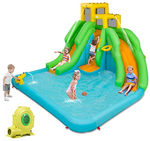 GOPLUS Aufblasbare Hüpfburg mit Planschbecken, Wasserpark mit Doppelter Rutsche, Kletterwand, Basketballkorb & Wasserkanone, mit Tragetasche für Außenbereich, 400x361x255 cm (Grün, Mit Gebläse)