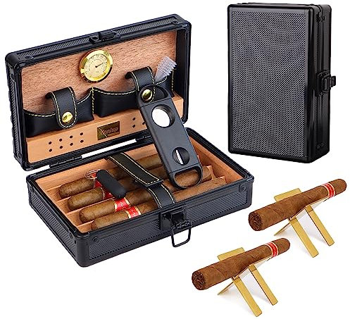 Tragbares Reise-Zigarren-Humidor-Set, innen magnetisches Hygrometer & Zedernholz, 2 goldene Zigarrenhalter, Luftbefeuchter, Zigarren-V-Schneider & Zigarrenstanzer, kostbares Zigarrenetui für
