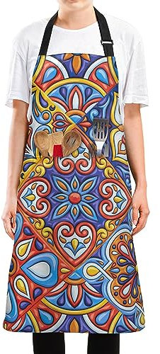 FRODOTGV Keramikfliesen-Schürze, bunt, ethnisch, wasserabweisend, mit 2 Taschen, für Damen und Herren, Gartenarbeit, Kochschürze, ölbeständig, zum Geschirrspülen, Malen, Malen, Keramikfliesen, bunt,