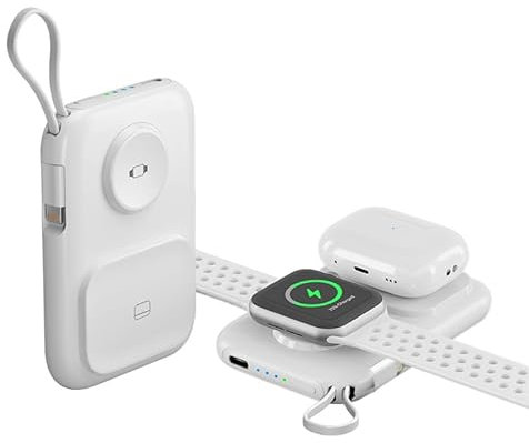 Portable Apple Watch Charger, 5000mAh Mini 3-in-1 Travel Power Bank with Built in Cable, Apple Watch and Phone Charger, Compatible with Apple Watch Series 8/7/6/Se/5/4/3/2 Airpodes 1/2/3/pro (White)