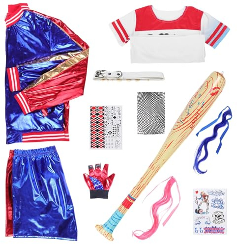 Alaiyaky Kostüm Set, Faschingskostüme Damen Harley Kostüm mit Jacke T-Shirt Shorts Handschuh Perücke Netzstrümpfe Ballon Tatto, Joker Kostüm Damen für Karneval Halloween