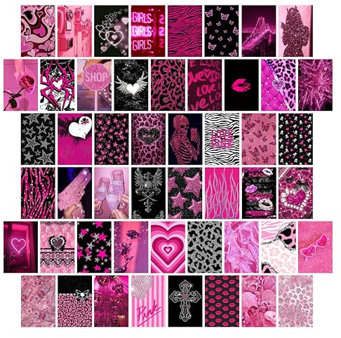 TwoDays Mcbling Raumdekor, ästhetisches Wand-Collage-Set, trashige Y2k-Poster für Mädchenzimmer, 2000er Jahre, Hot Pink, Emo-Baddie-Drucke für Frauen, Wohnung, 50 Stück, 10,2 x 15,2 cm