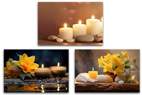 LZIMU Zen Leinwandbild Badezimmer Dekoration 3 Paneele gelbe Orchidee Kerze und Badetuch Kunstdrucke Zen Meditations Wandbild für Yoga Dekoration (C, 28.00 x 35.00 cms x 3PCS)