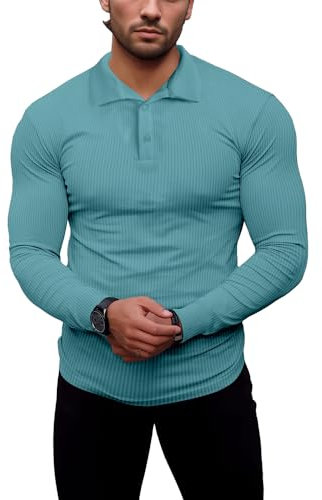 Agilelin Men's Muscle Slim Fit Polo Shirts Long Sleeve Stretch T-Shirts Casual Stylish Tee for Golf Workout(Blue/M)