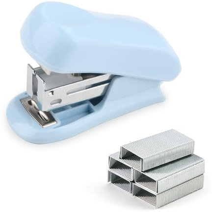 Mini Portable Effortless Desktop Stapler with 400 Standard 24/6 Staples - Cute Small Strip Antibacterial Stapler with Ergonomic Grip - 2-24 Sheet Capacity for Office, Home, School (Blue)
