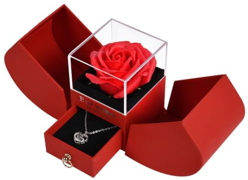 ACWOO Rosa Eterna, Rosa Stabilizzata Vera, Red Fiori Jewelry Box con Collana a Cuore, Fiore Eterno Rega Regali per Festa Della Mamma, Fidanzata, Compleanno, Ringraziamento, San Valentino,Anniversario