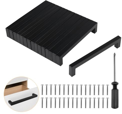vebulon Griffe für Küchenschränke, 16 Stück Schrankgriffe Schwarz 160mm Lochabstand Möbelgriffe Küchengriffe Griffe Schwarz Edelstahl Schubladengriffe Türgriffe Küche Quadrat Griffe (Mit Schrauben)