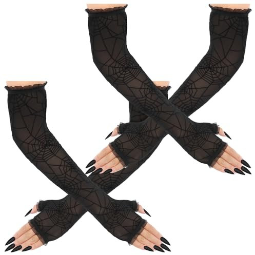 WLLHYF Halloween Fingerlose Handschuhe für Damen Schwarze Ellenbogen Spinnennetz Spitze Armstulpen Elegant Lang Mesh Armbezüge für Kostüm Cosplay Karneval Operngala Anzieh Party Zubehör